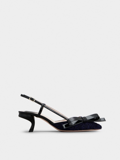 「ヴィルギュル」ボウ ファブリック スリングバック パンプス 55 mm ブルー, ブラック