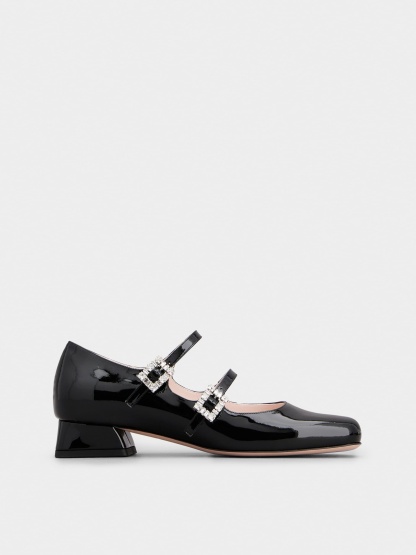 「トレ ヴィヴィエ」ストラス バックル パテントレザー ベビー バレリーナ ミニ 25 mm ブラック