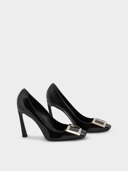 「ベル ヴィヴィエ」トランペット パテントレザー パンプス 100 mm ブラック