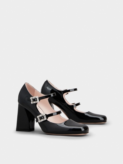 「トレ ヴィヴィエ」ストラス バックル パテントレザー ベビー パンプス ミニ 85 mm ブラック