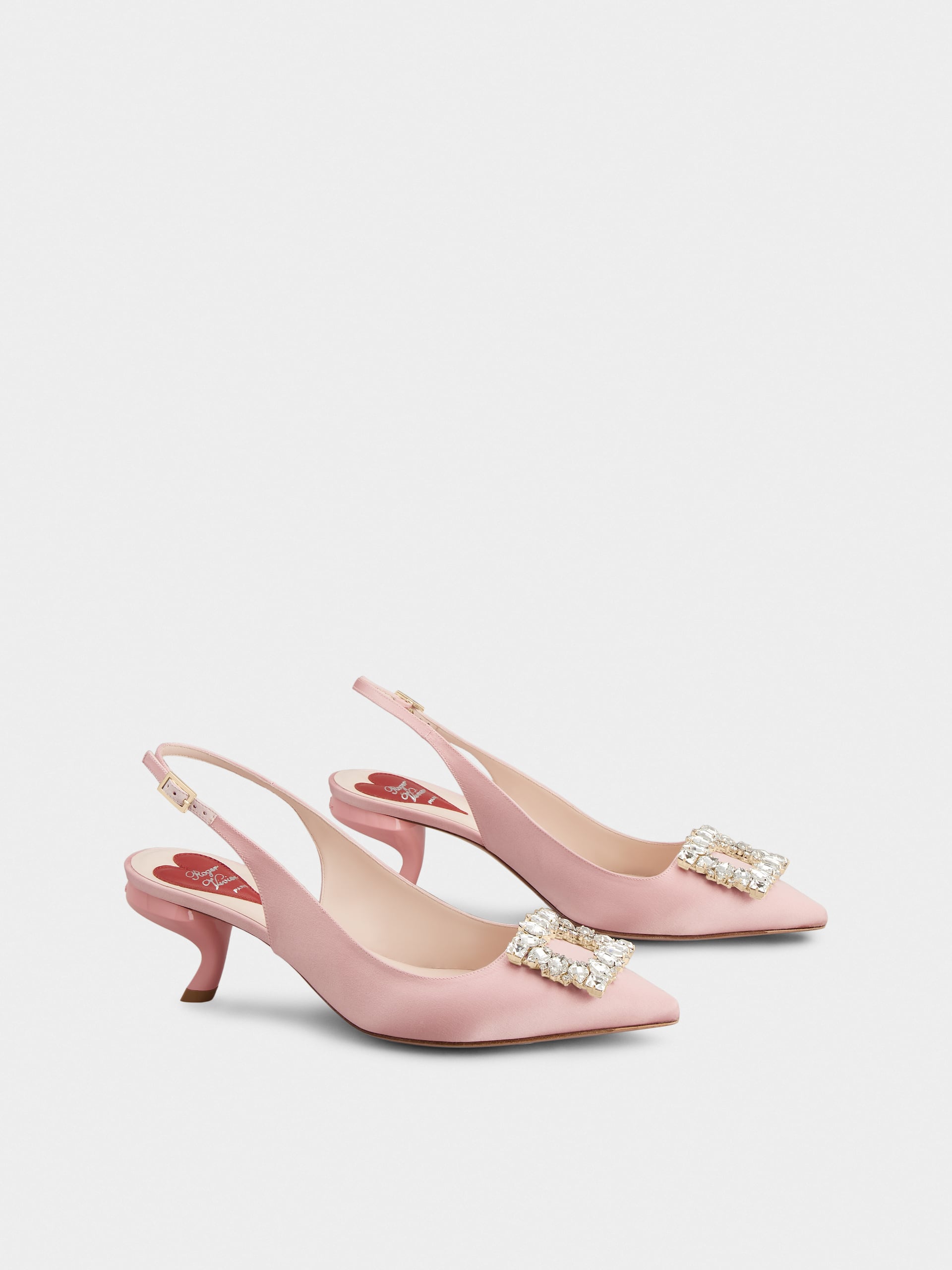 「ヴィルギュル」ストラス バックル サテン スリングバック パンプス 55 mm ピンク