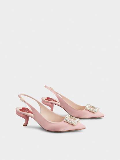 「ヴィルギュル」ストラス バックル サテン スリングバック パンプス 55 mm ピンク