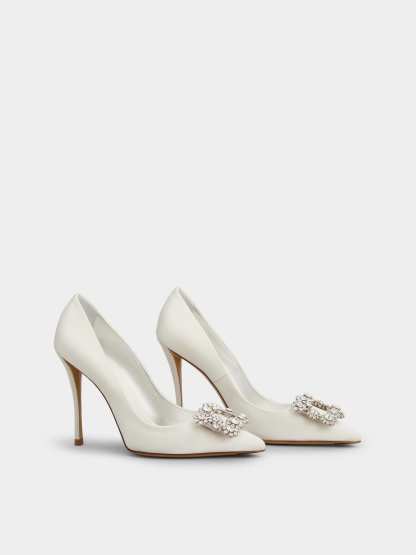 「フラワーストラス」バックル パンプス 100 mm ベージュ