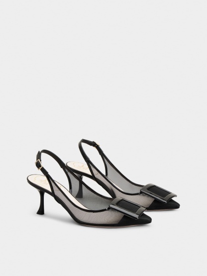 「ヴィヴ イン ザ シティ」ネット カバード バックル ファブリック スリングバック パンプス 65 mm ブラック