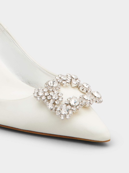 「フラワーストラス」シルク パンプス 65 mm クリーム