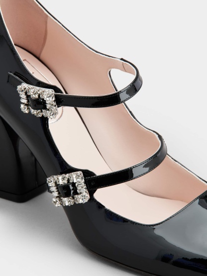 「トレ ヴィヴィエ」ストラス バックル パテントレザー ベビー パンプス ミニ 85 mm ブラック
