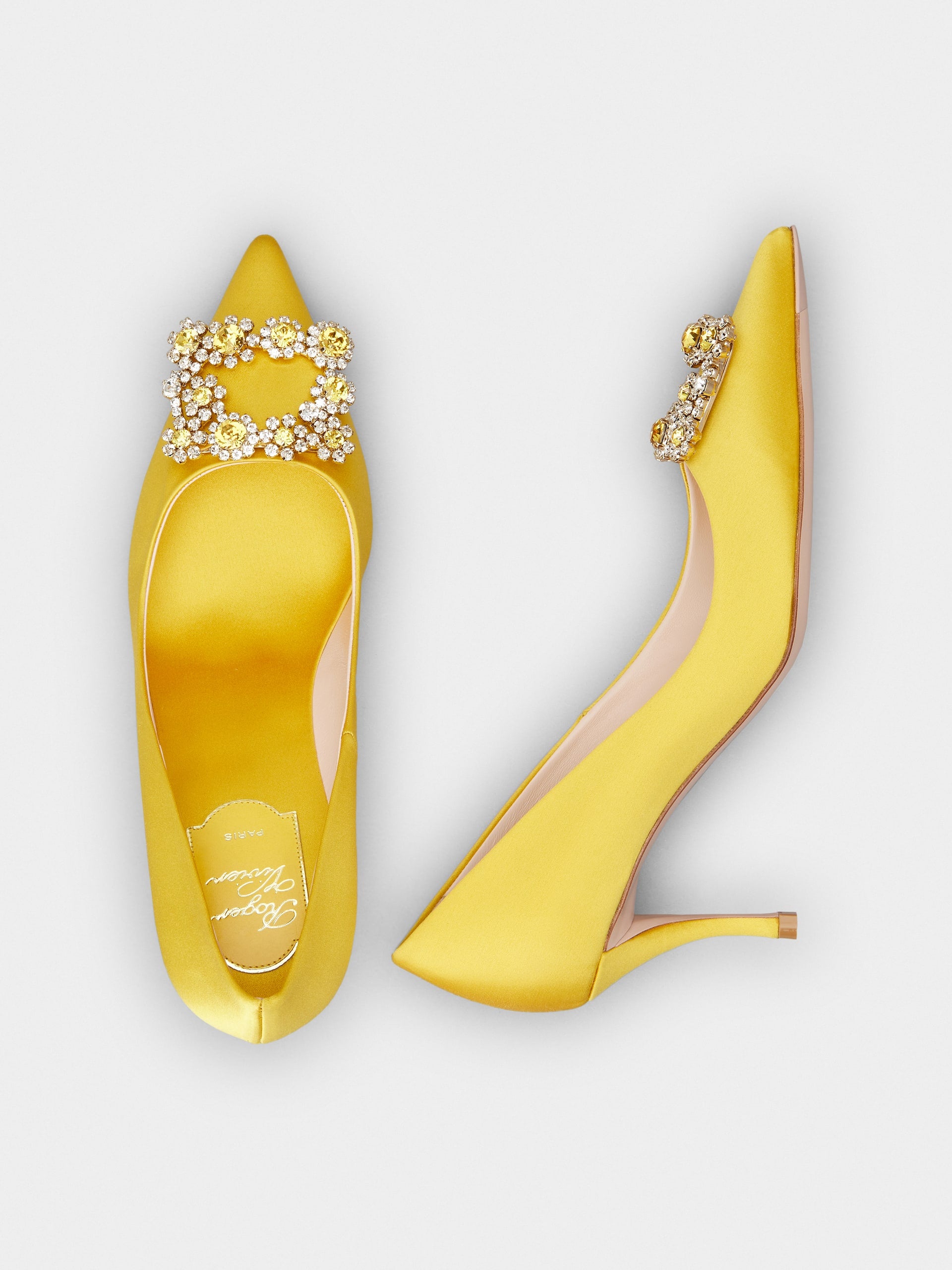 「フラワーストラス」シルク パンプス 65 mm イエロー