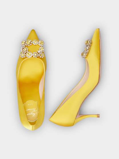 「フラワーストラス」シルク パンプス 65 mm イエロー