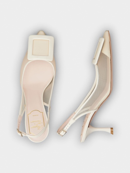 「ヴィヴ イン ザ シティ」ネット カバード バックル ファブリック スリングバック パンプス 65 mm クリーム