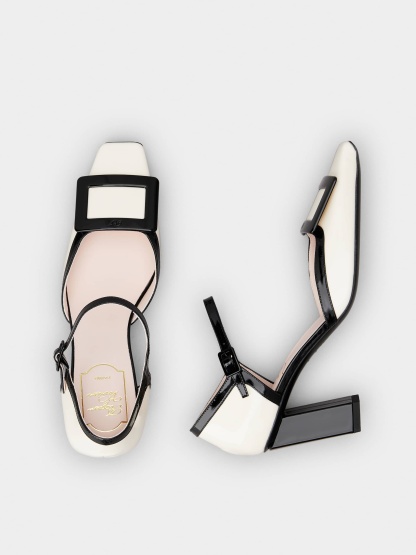 「ベル ヴィヴィエ」ドルセー ラッカード バックル パテントレザー パンプス 75 mm ブラック, クリーム