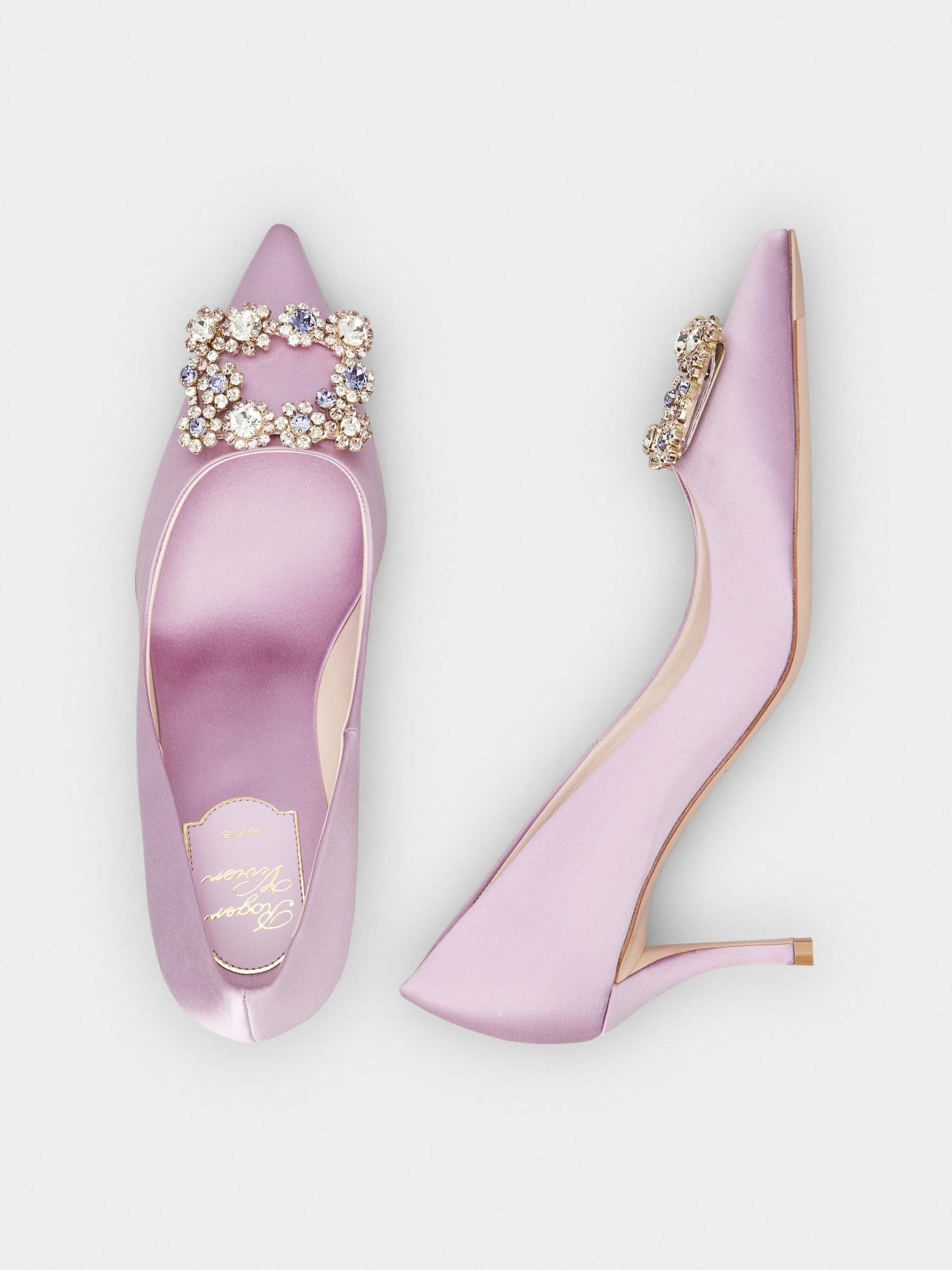 「フラワーストラス」シルク パンプス 65 mm バイオレット