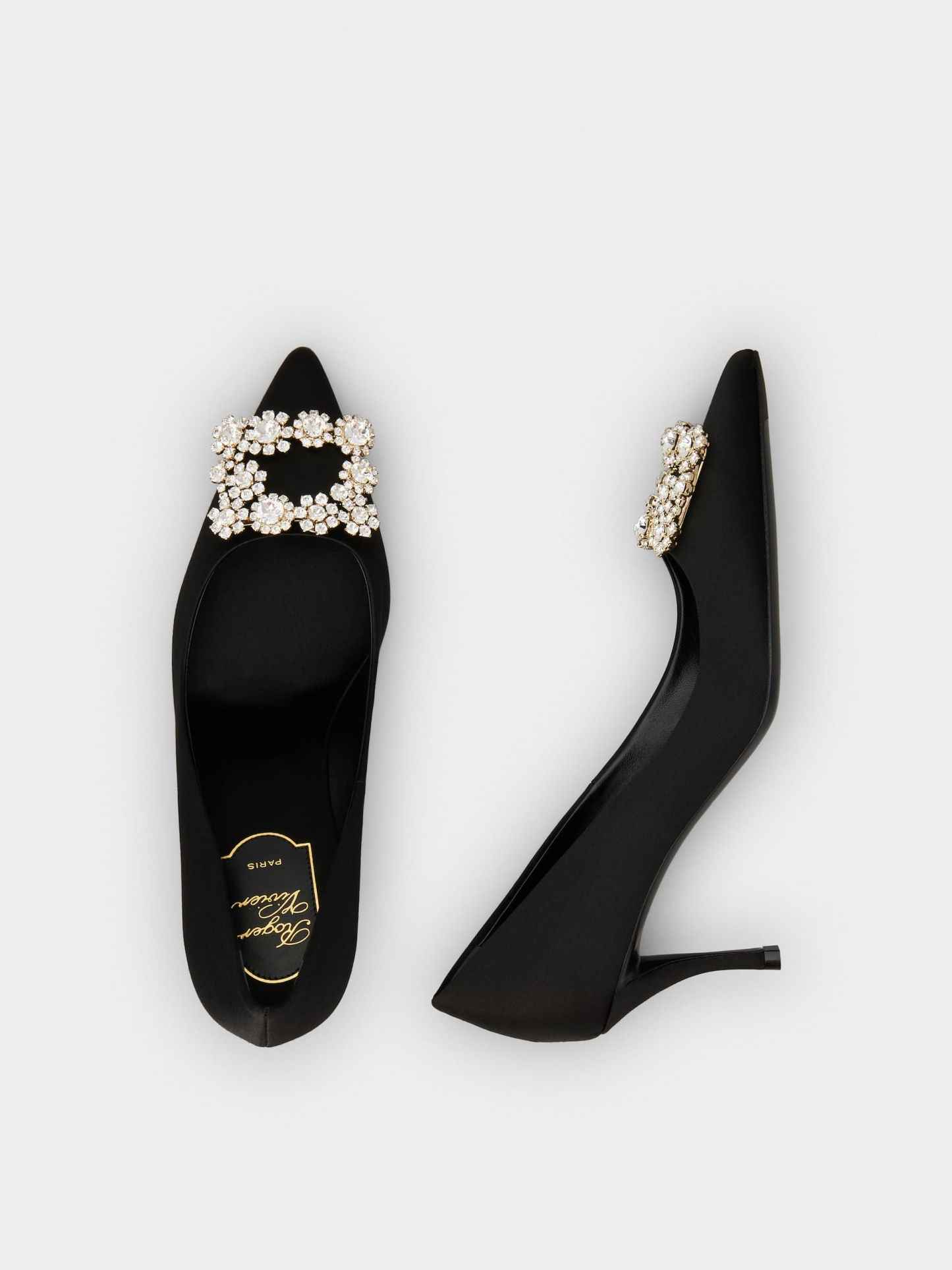 「フラワーストラス」シルク パンプス 65 mm ブラック