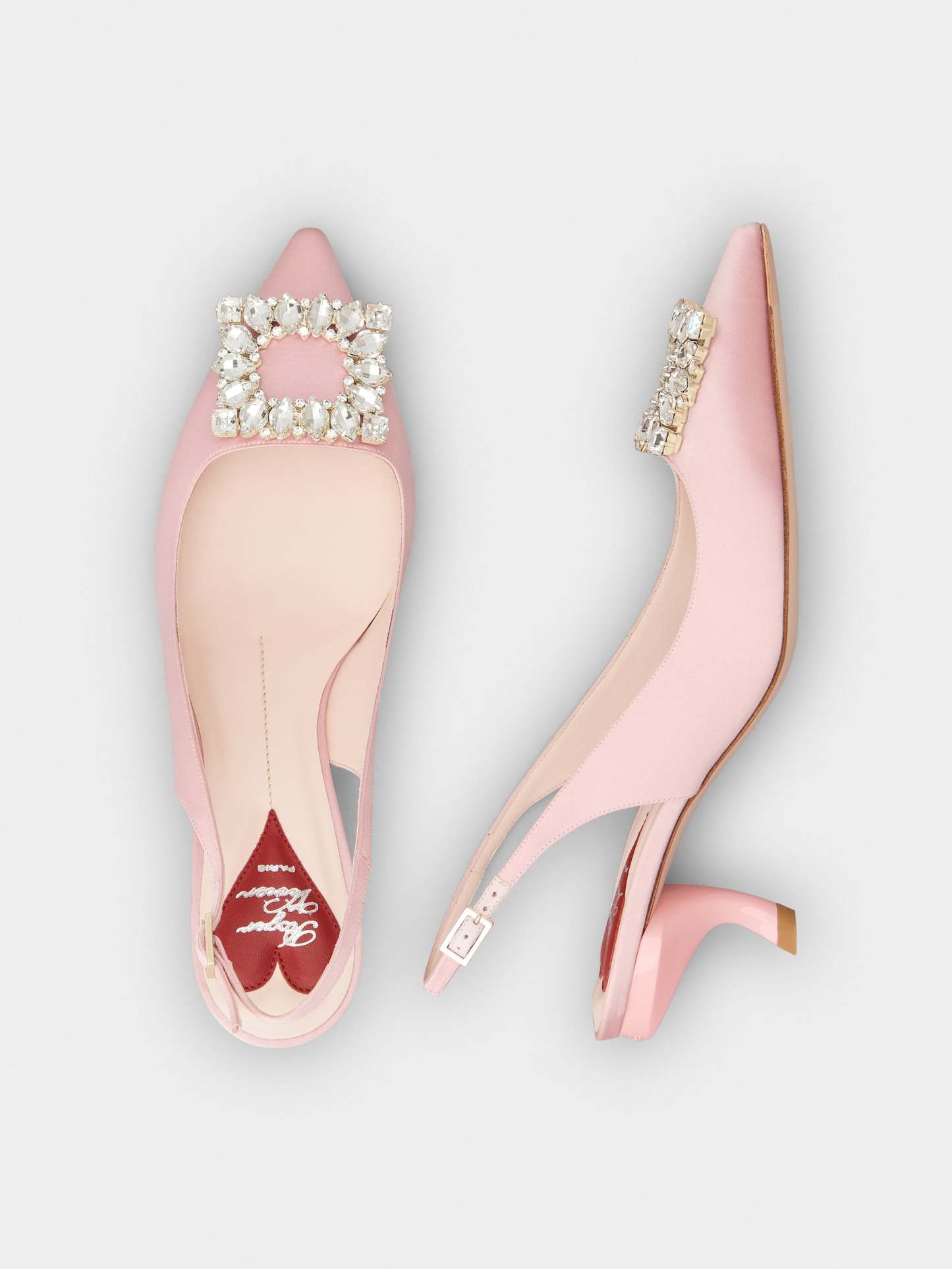 「ヴィルギュル」ストラス バックル サテン スリングバック パンプス 55 mm ピンク