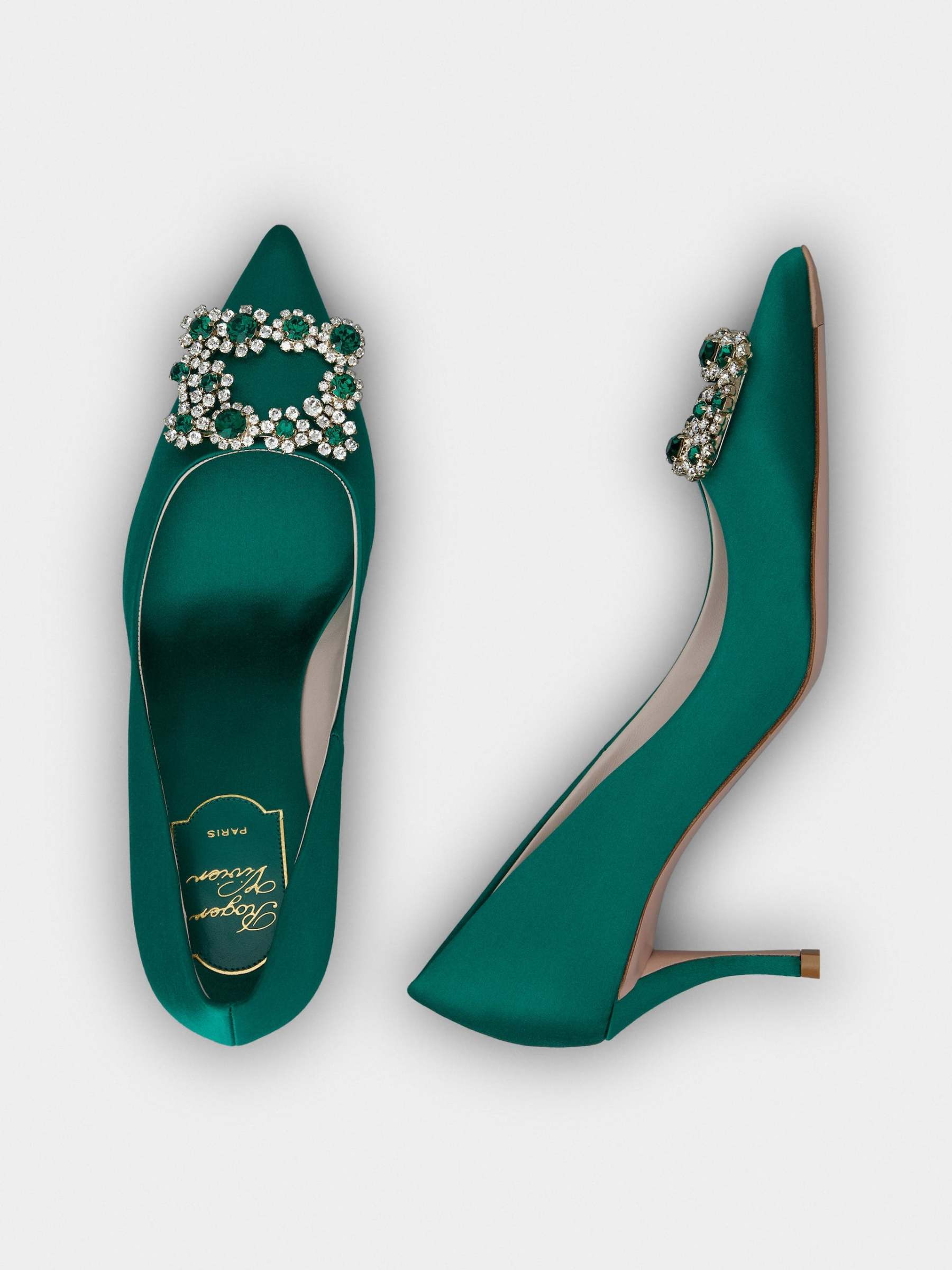 「フラワーストラス」シルク パンプス 65 mm グリーン