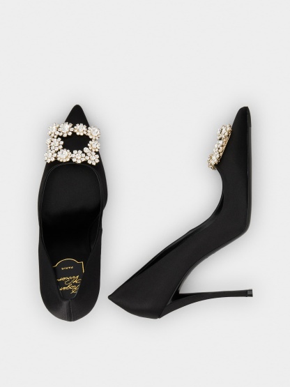 「フラワーストラス」バックル パンプス 100 mm ブラック