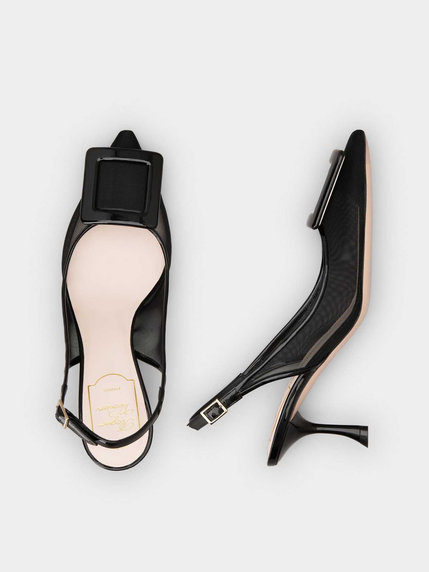 「ヴィヴ イン ザ シティ」ネット カバード バックル ファブリック スリングバック パンプス 65 mm ブラック