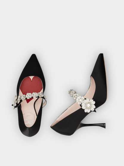 「ブーケ フラワー」サテン ベビー パンプス 100 mm ブラック