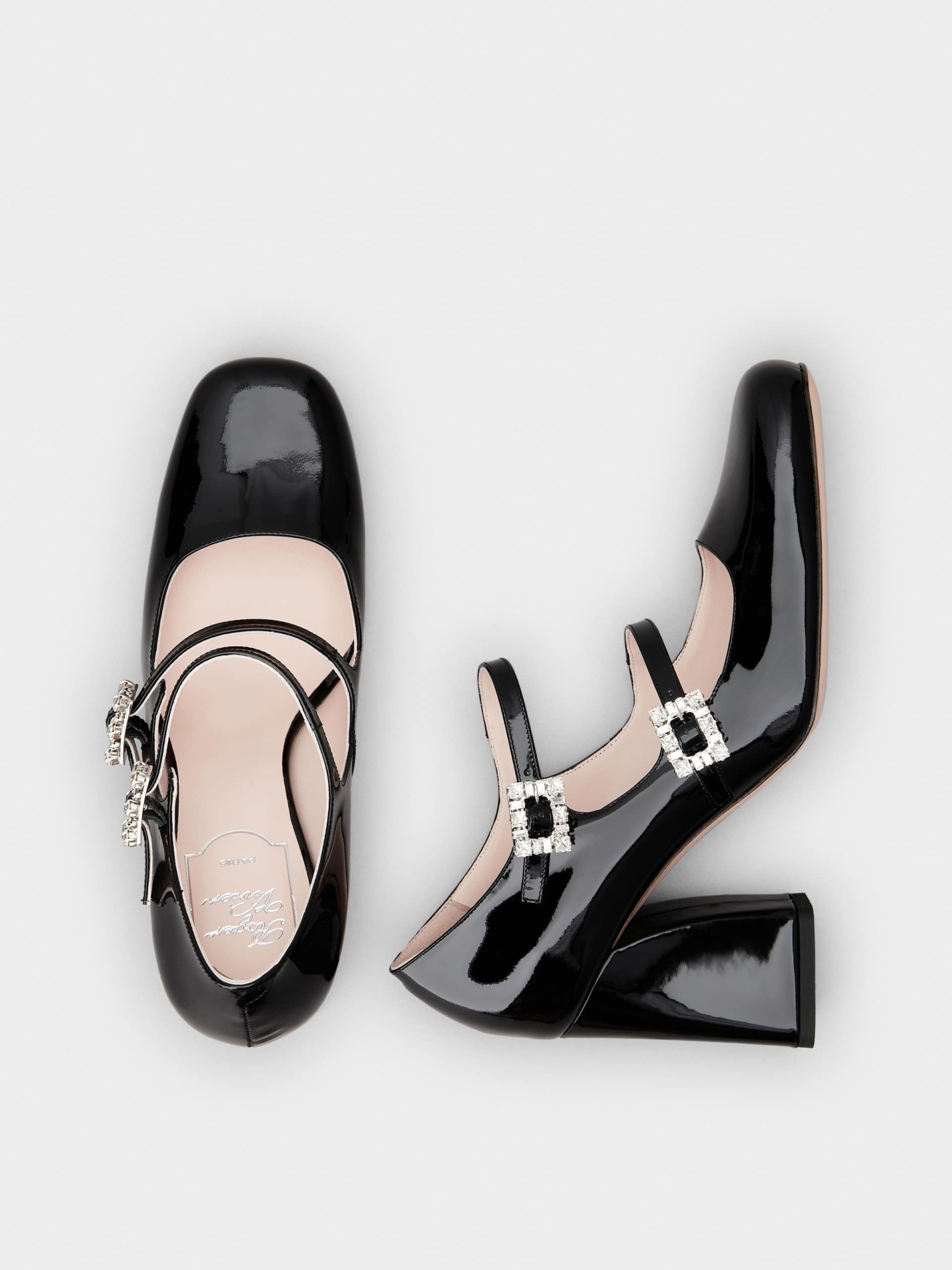「トレ ヴィヴィエ」ストラス バックル パテントレザー ベビー パンプス ミニ 85 mm ブラック