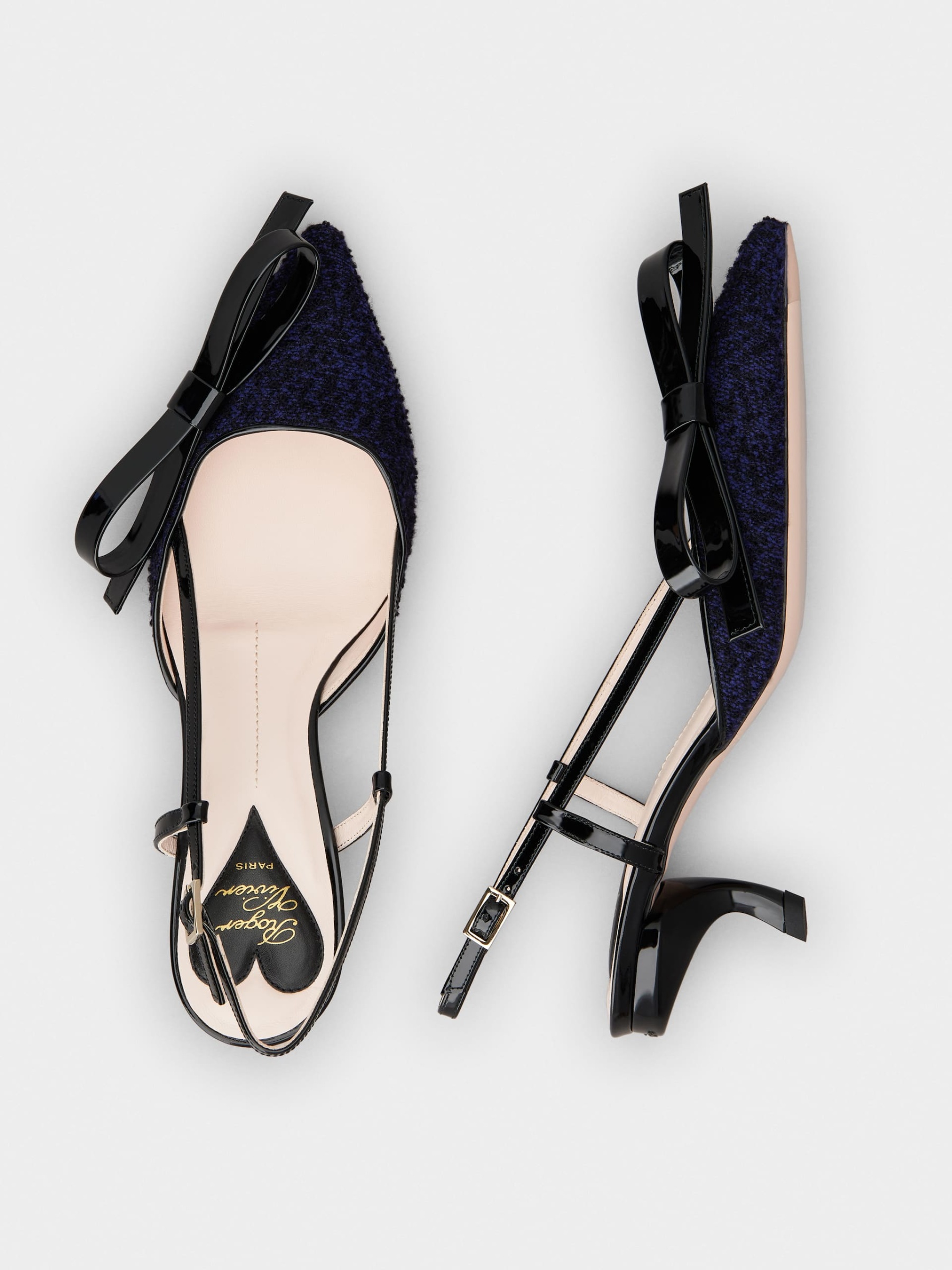 「ヴィルギュル」ボウ ファブリック スリングバック パンプス 55 mm ブルー, ブラック