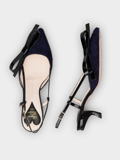 「ヴィルギュル」ボウ ファブリック スリングバック パンプス 55 mm ブルー, ブラック
