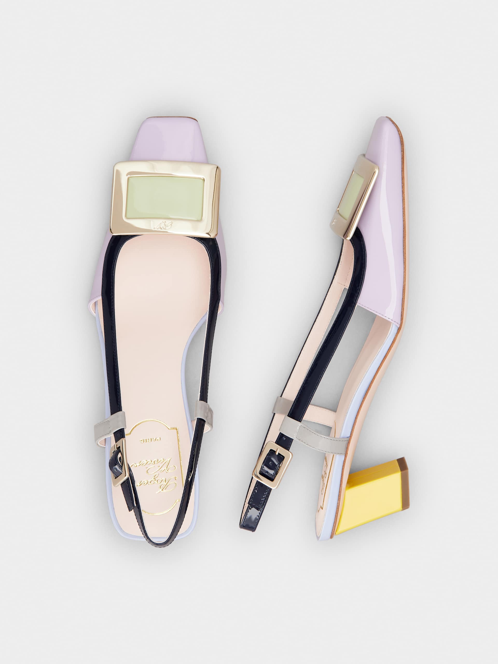 「ベル ヴィヴィエ」パテントレザー スリングバック パンプス 45 mm バイオレット, イエロー, ブルー