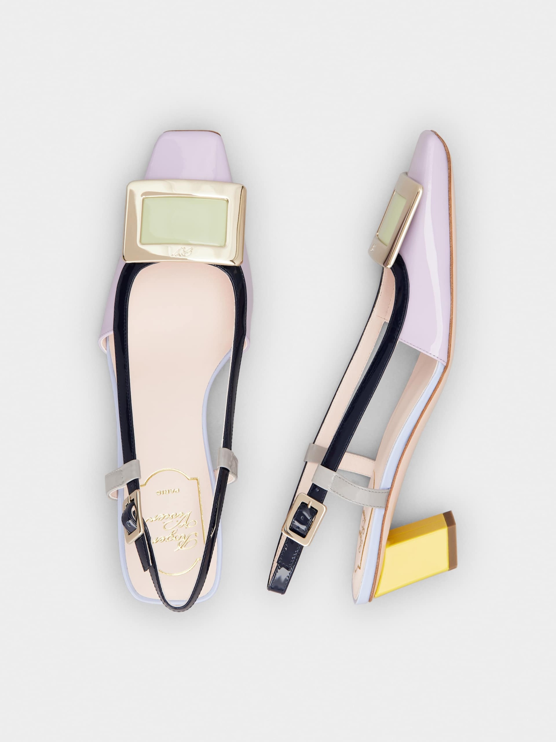 「ベル ヴィヴィエ」パテントレザー スリングバック パンプス 45 mm バイオレット, イエロー, ブルー