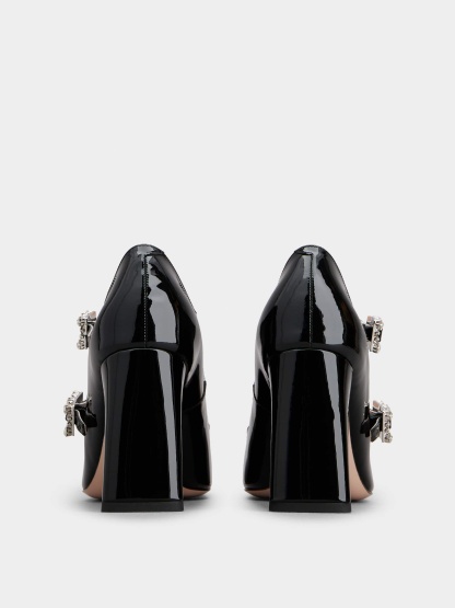 「トレ ヴィヴィエ」ストラス バックル パテントレザー ベビー パンプス ミニ 85 mm ブラック