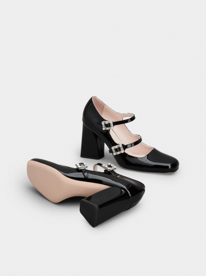 「トレ ヴィヴィエ」ストラス バックル パテントレザー ベビー パンプス ミニ 85 mm ブラック