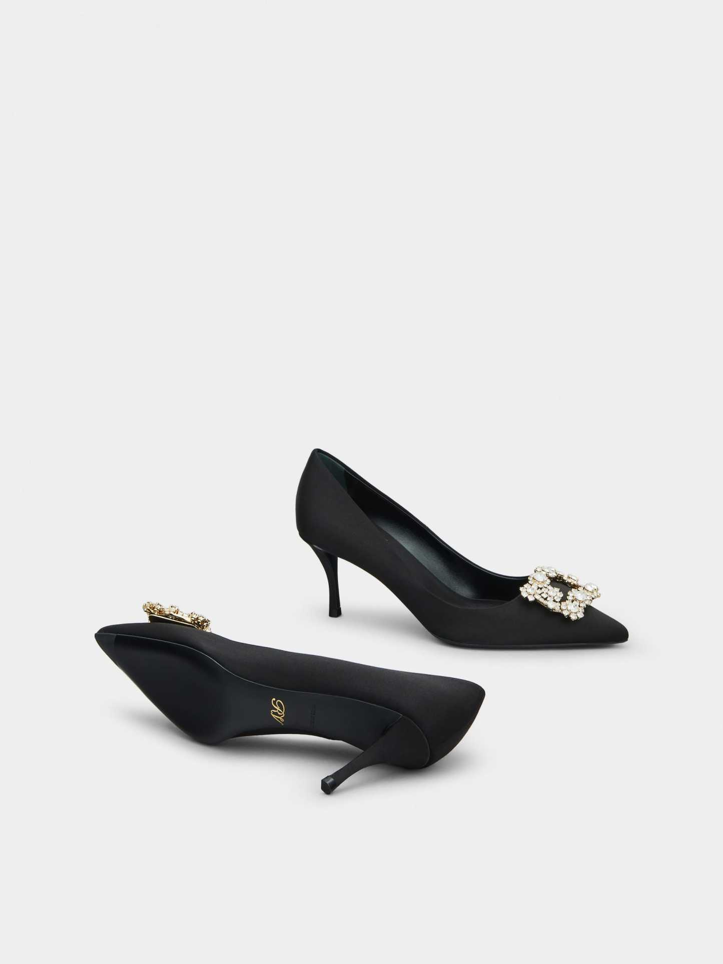 「フラワーストラス」シルク パンプス 65 mm ブラック