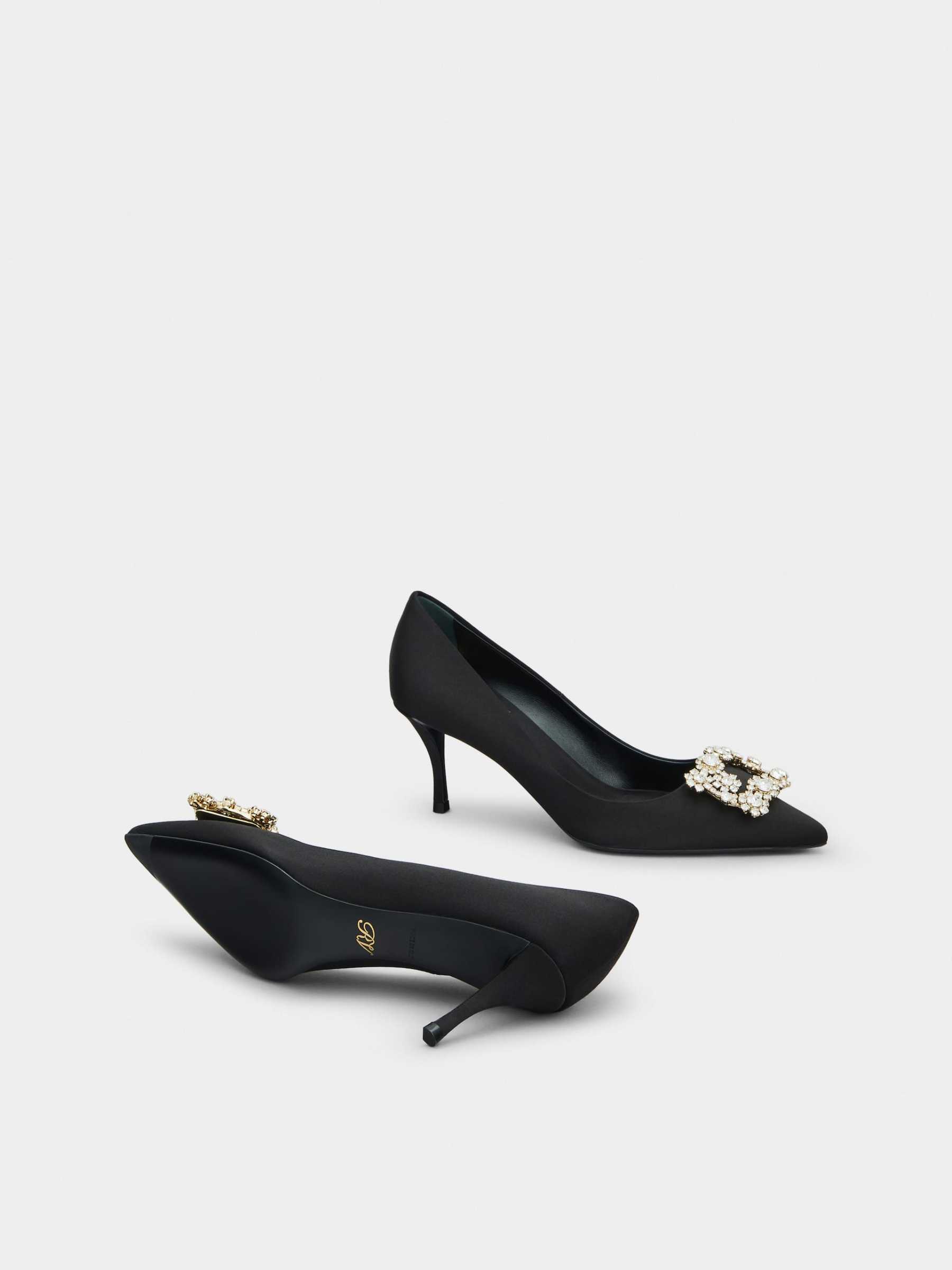 「フラワーストラス」シルク パンプス 65 mm ブラック