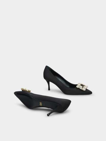 「フラワーストラス」シルク パンプス 65 mm ブラック