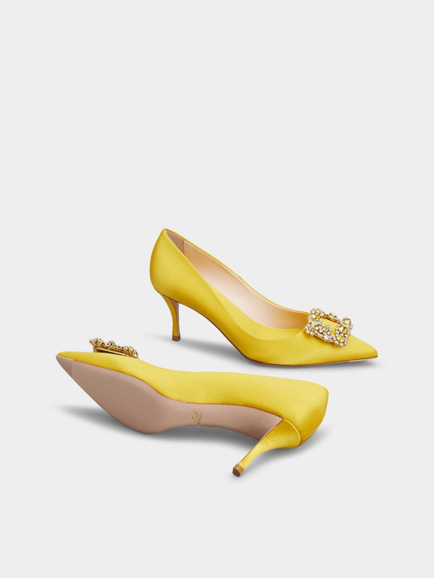 「フラワーストラス」シルク パンプス 65 mm イエロー