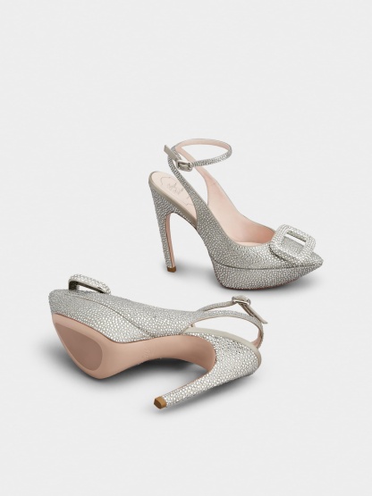 「ヴィヴ ショック」ブリン サテン スリングバック パンプス 125 mm シルバー