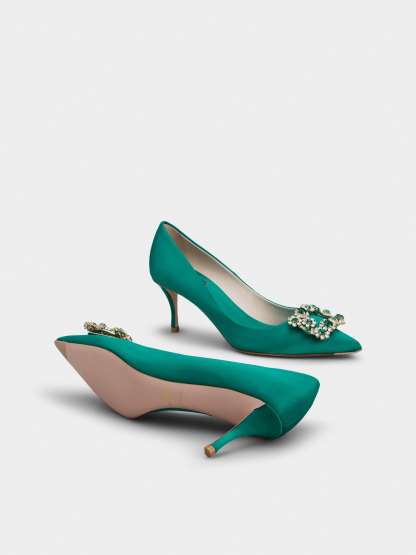 「フラワーストラス」シルク パンプス 65 mm グリーン