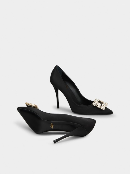 「フラワーストラス」バックル パンプス 100 mm ブラック