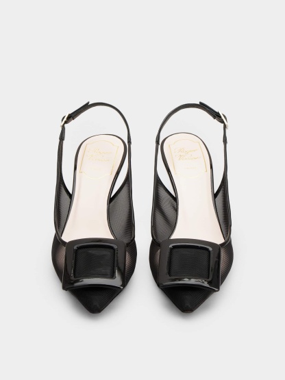 「ヴィヴ イン ザ シティ」ネット カバード バックル ファブリック スリングバック パンプス 65 mm ブラック