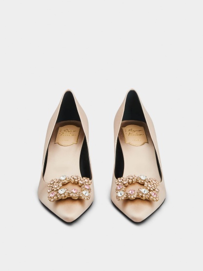 「フラワーストラス」シルク パンプス 65 mm ピンク