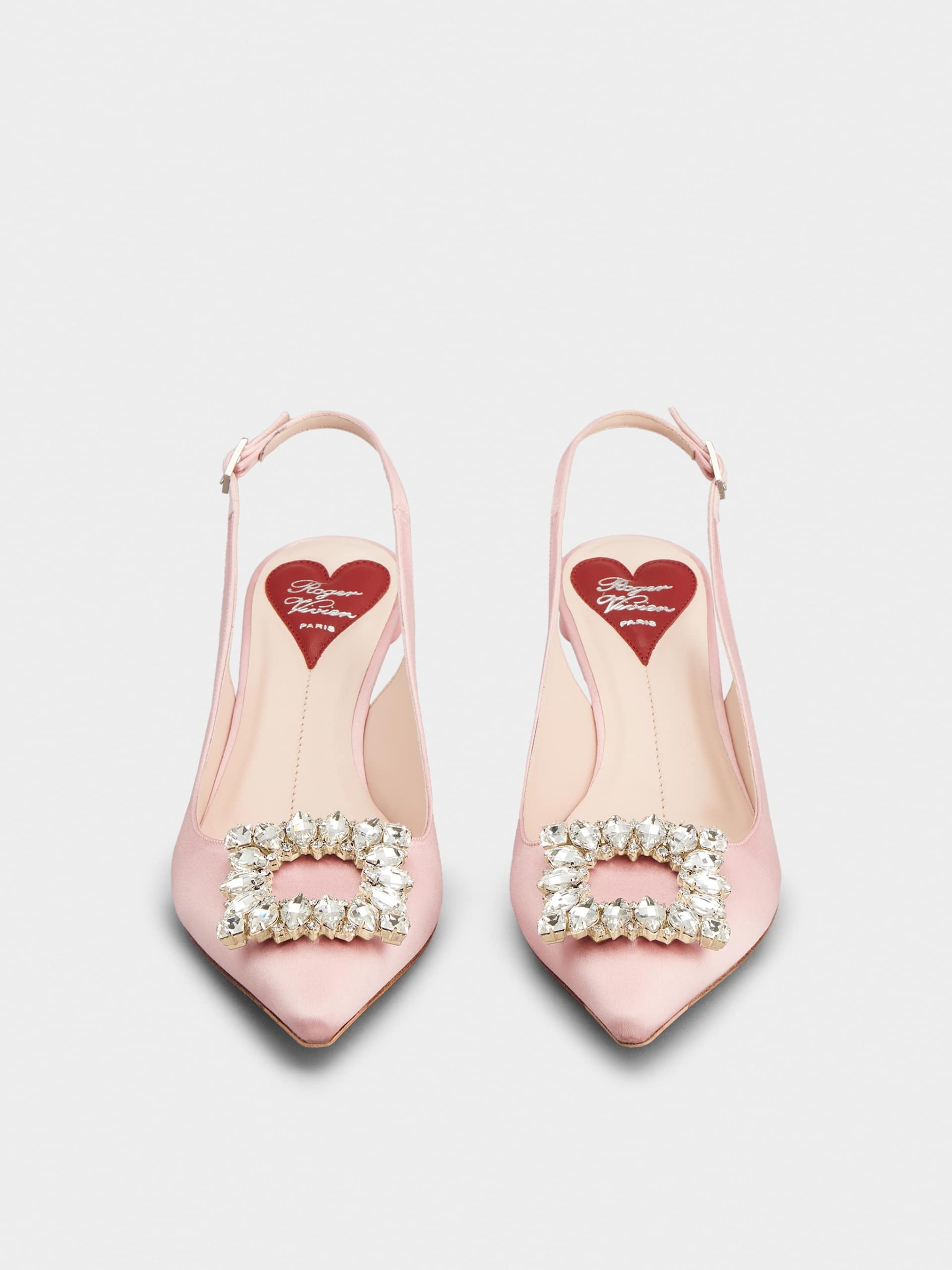 「ヴィルギュル」ストラス バックル サテン スリングバック パンプス 55 mm ピンク