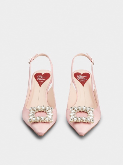 「ヴィルギュル」ストラス バックル サテン スリングバック パンプス 55 mm ピンク
