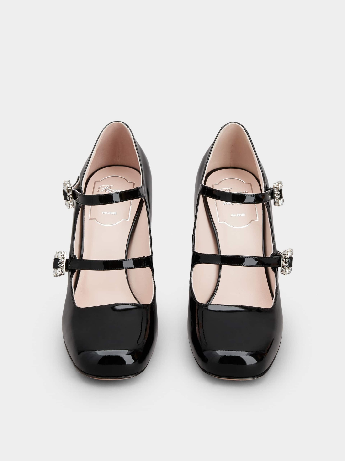 「トレ ヴィヴィエ」ストラス バックル パテントレザー ベビー パンプス ミニ 85 mm ブラック