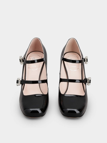 「トレ ヴィヴィエ」ストラス バックル パテントレザー ベビー パンプス ミニ 85 mm ブラック