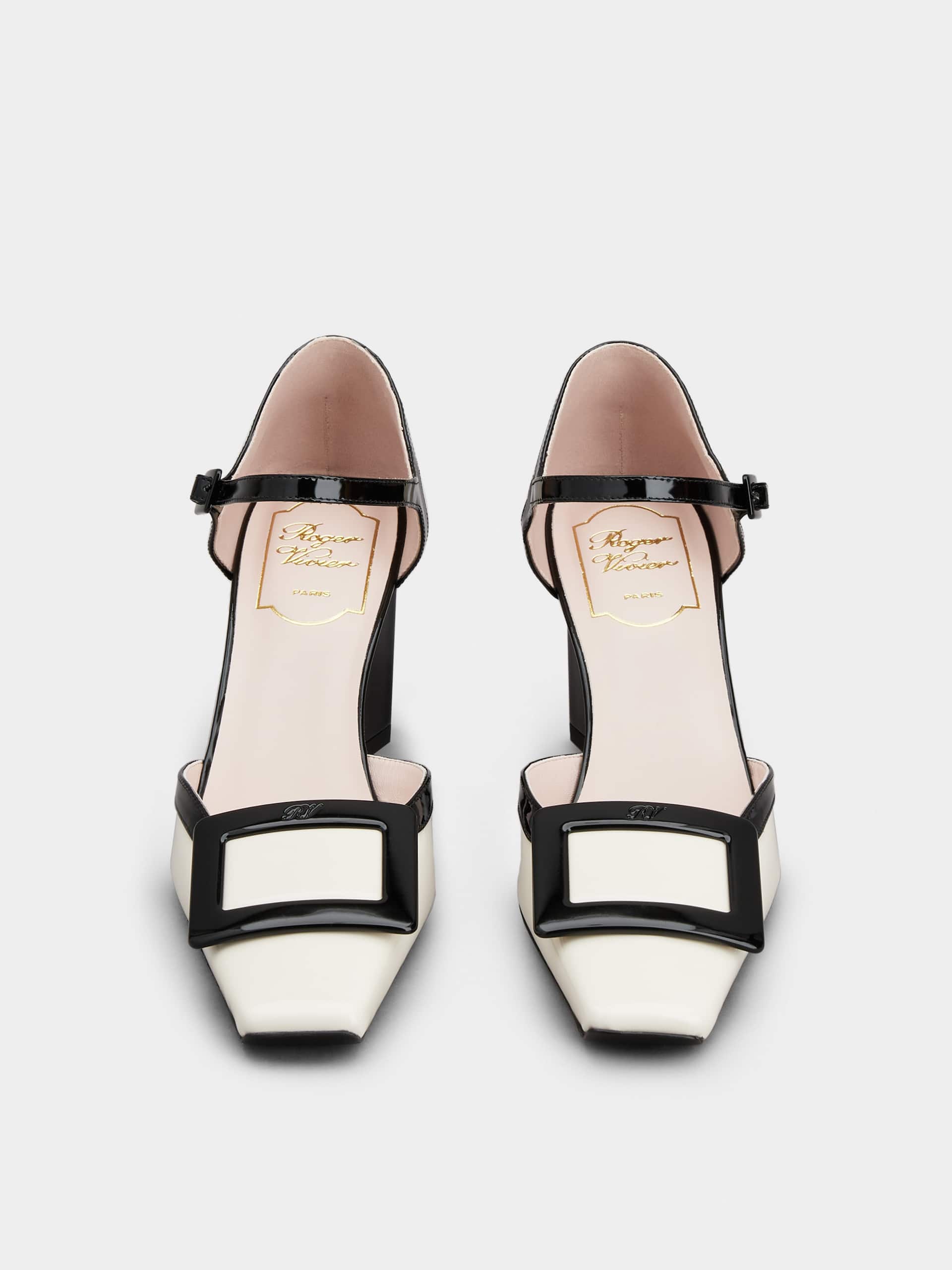 「ベル ヴィヴィエ」ドルセー ラッカード バックル パテントレザー パンプス 75 mm ブラック, クリーム