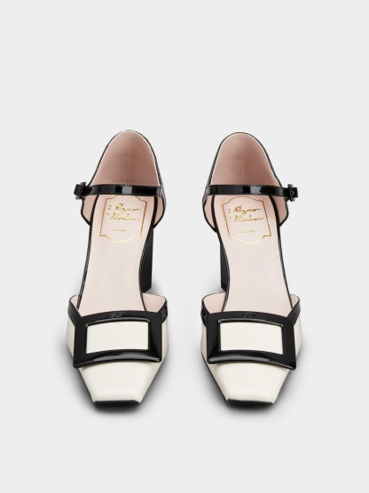 「ベル ヴィヴィエ」ドルセー ラッカード バックル パテントレザー パンプス 75 mm ブラック, クリーム