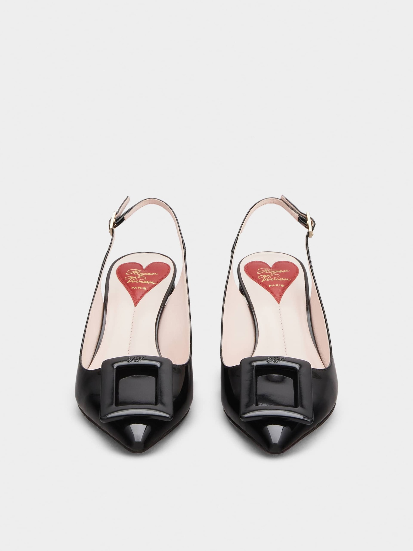 「ヴィルギュル」ラッカード バックル パテントレザー スリングバック パンプス 55 mm ブラック