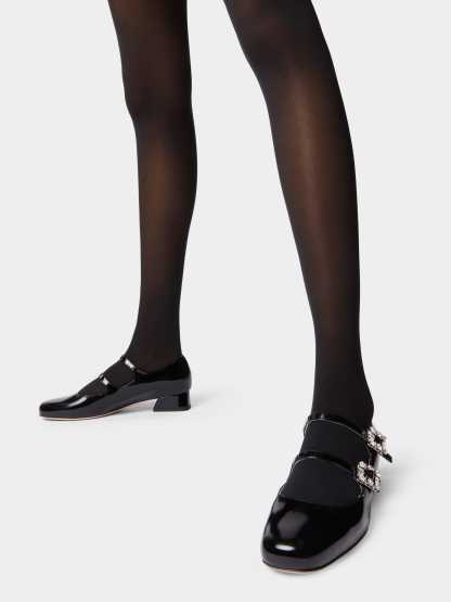 「トレ ヴィヴィエ」ストラス バックル パテントレザー ベビー バレリーナ ミニ 25 mm ブラック