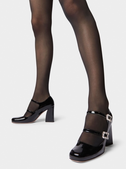 「トレ ヴィヴィエ」ストラス バックル パテントレザー ベビー パンプス ミニ 85 mm ブラック