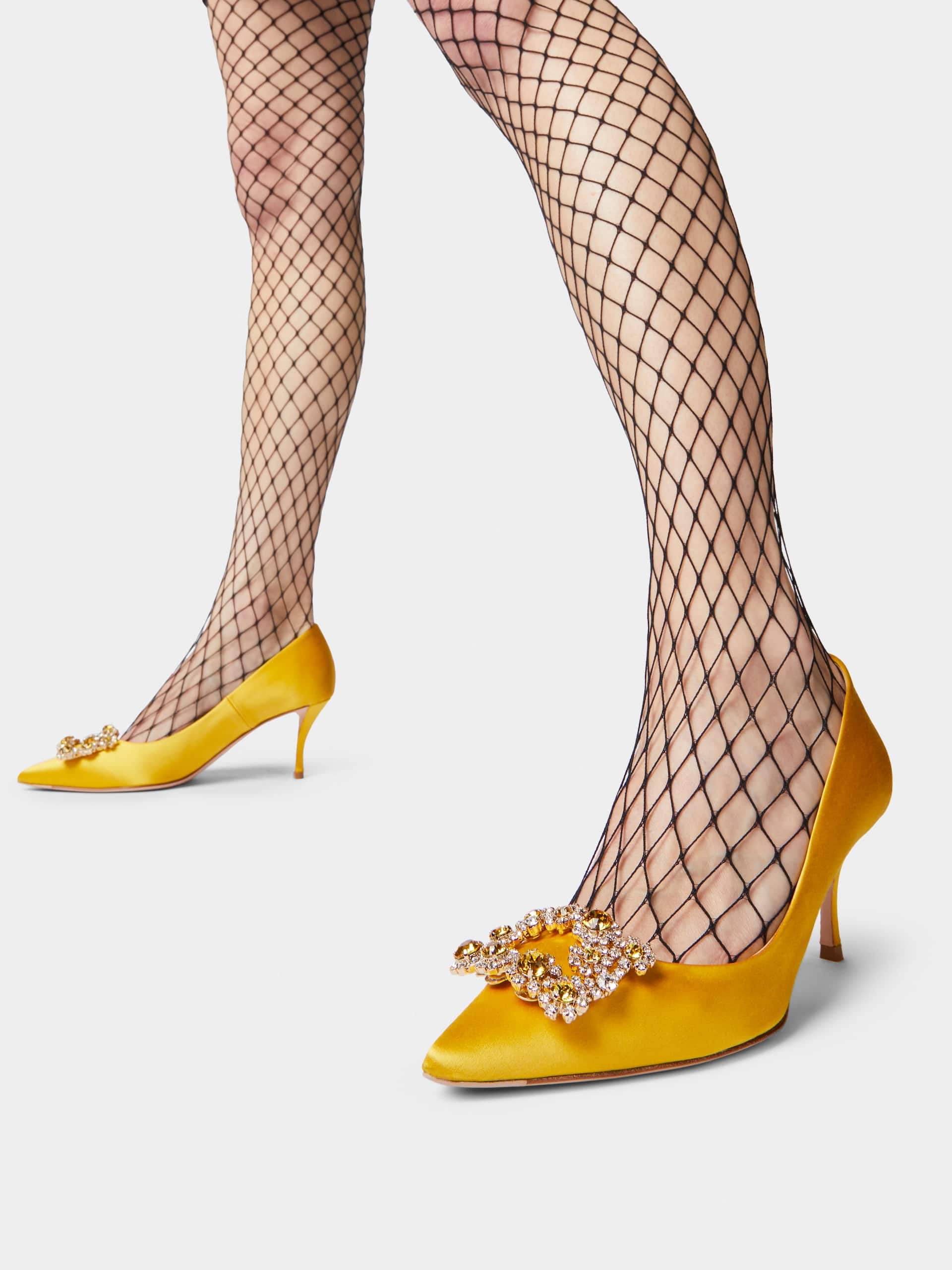 「フラワーストラス」シルク パンプス 65 mm イエロー