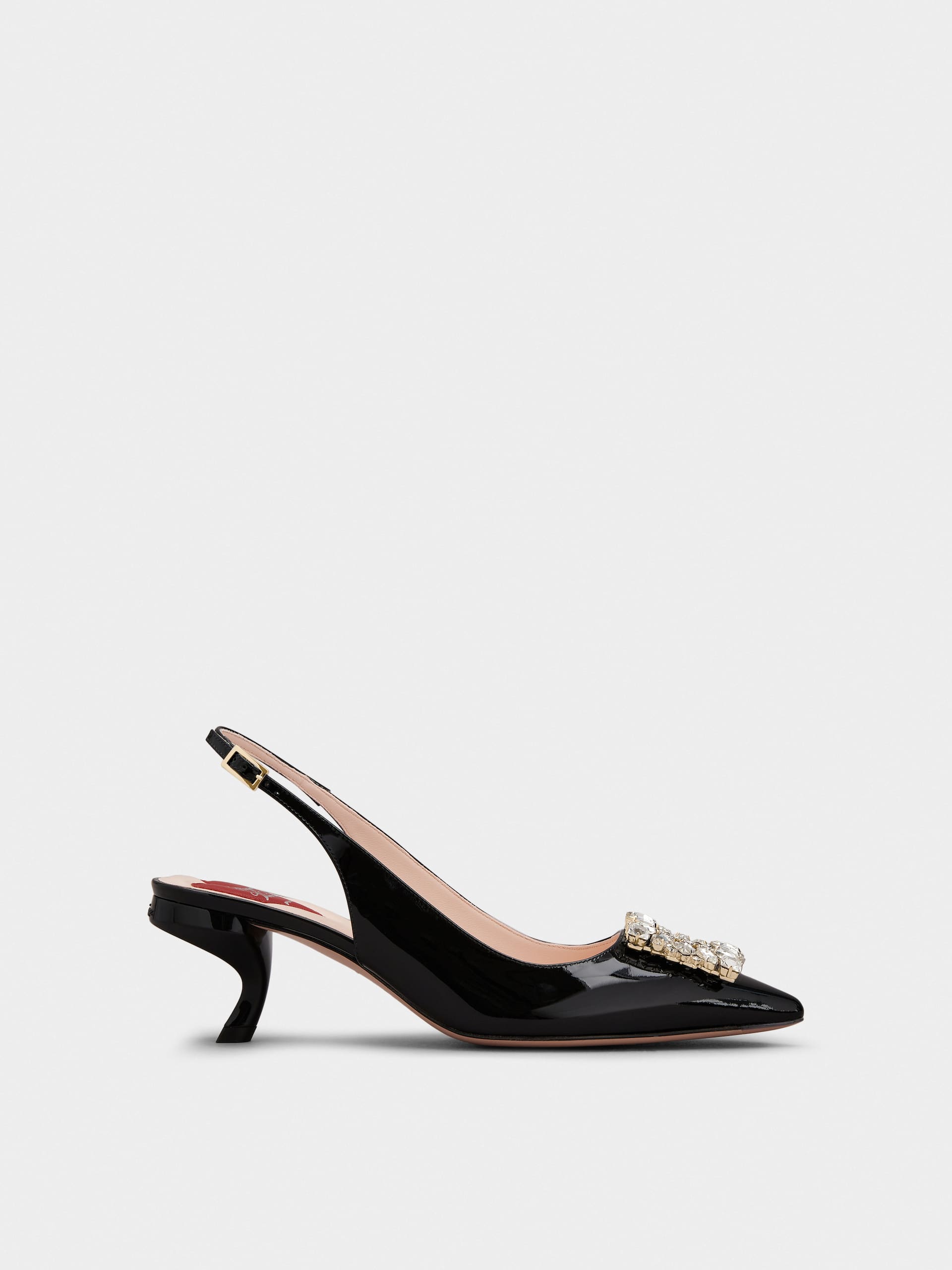 「ヴィルギュル」ストラス バックル パテント レザー スリングバック パンプス 55 mm ブラック