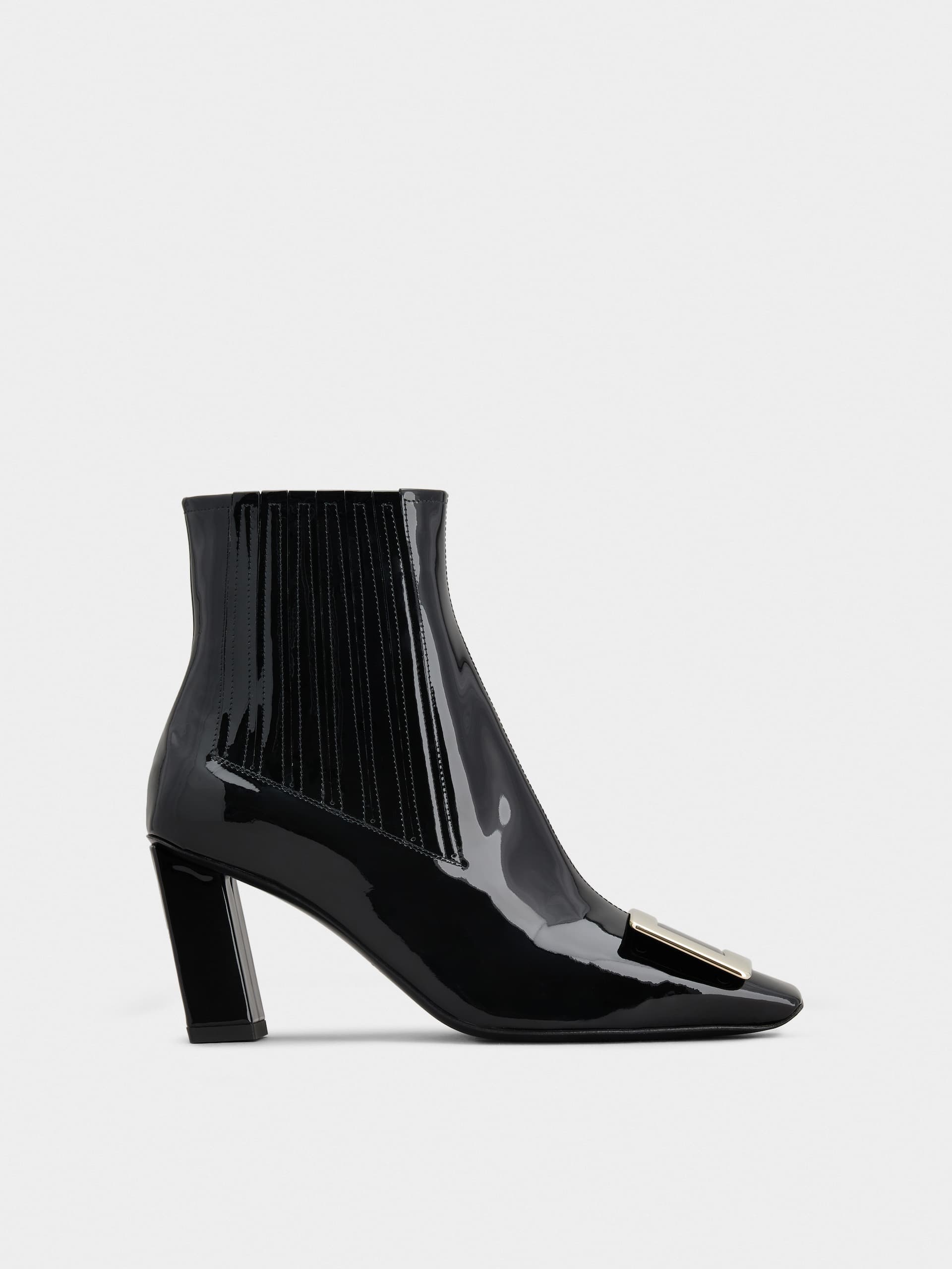 「ベル ヴィヴィエ」メタル バックル パテントレザー チェルシー アンクル ブーツ 75 mm ブラック