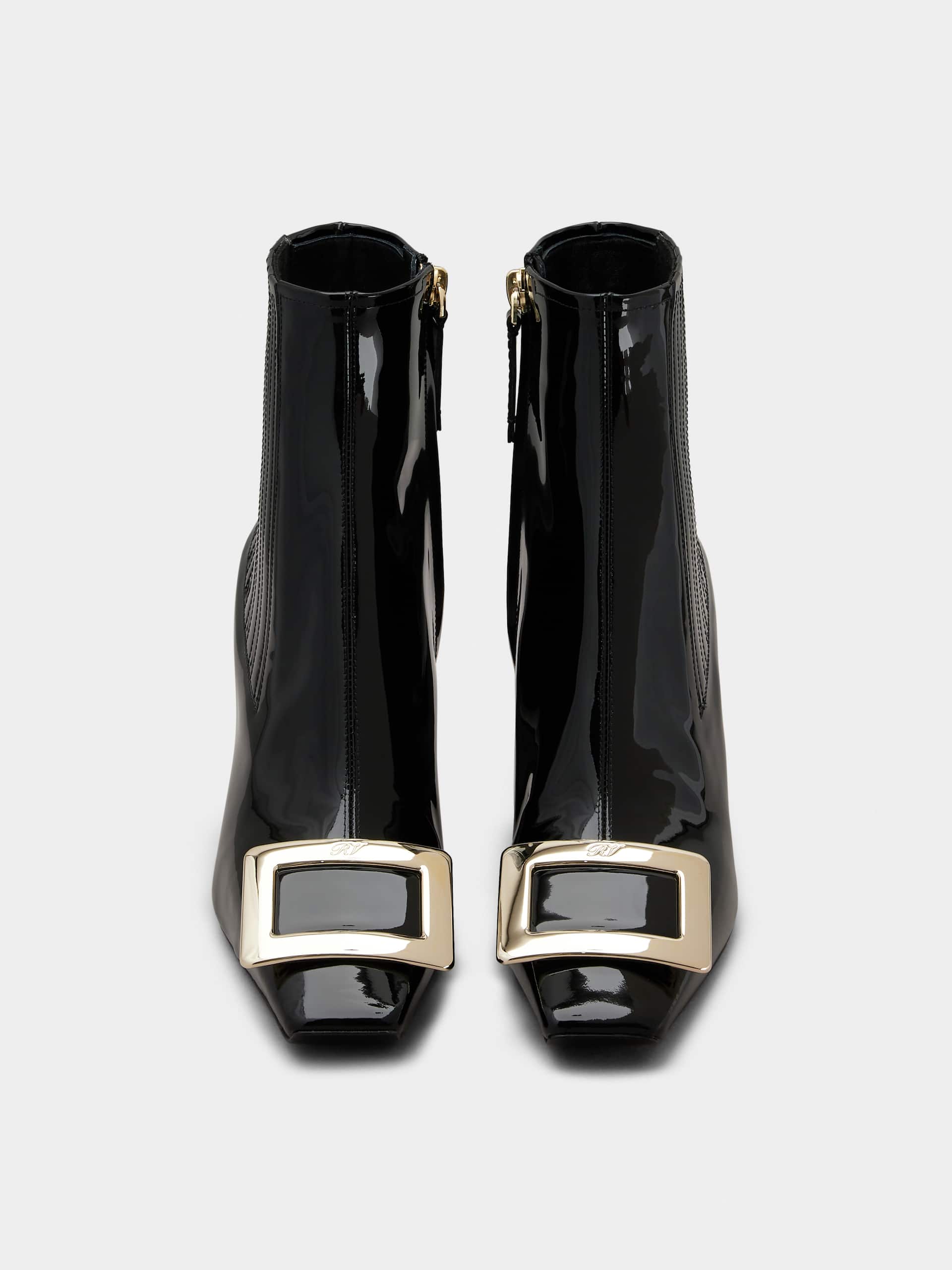 「ベル ヴィヴィエ」メタル バックル パテントレザー チェルシー アンクル ブーツ 75 mm ブラック